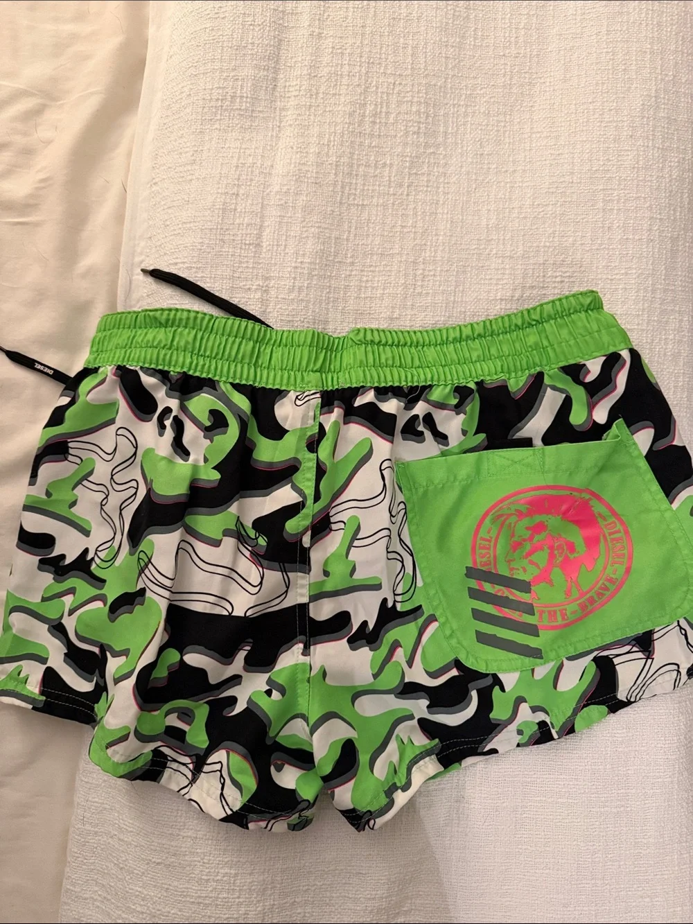 Diesel Green, Black & White Camo Swim Trunks